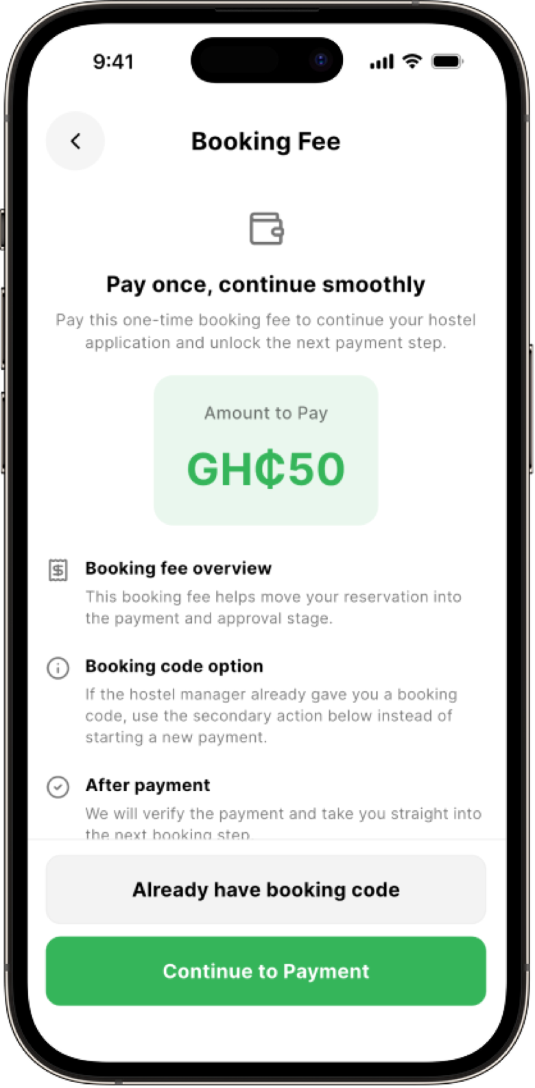 Booking fee screen