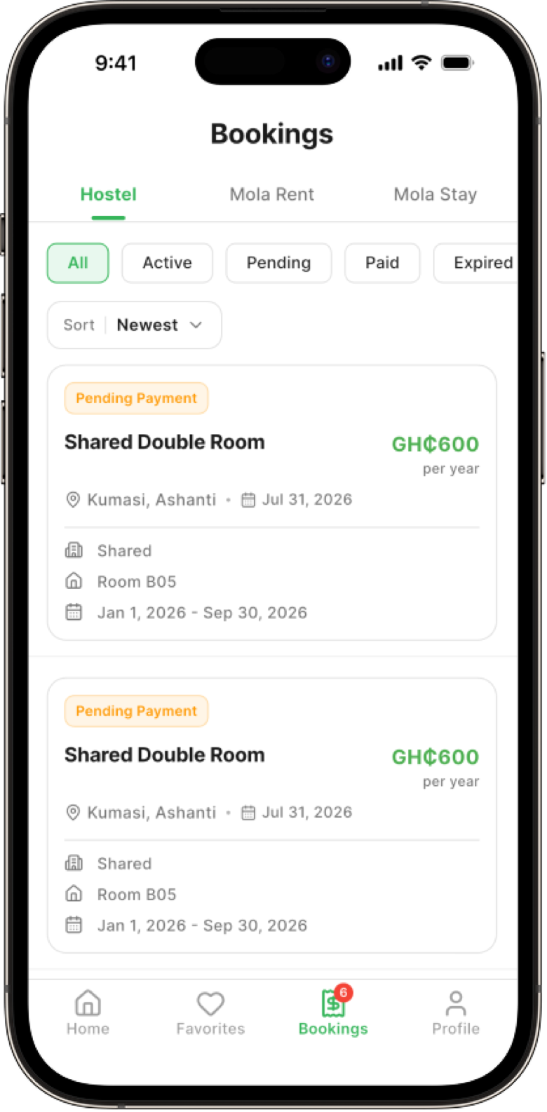 Bookings history screen