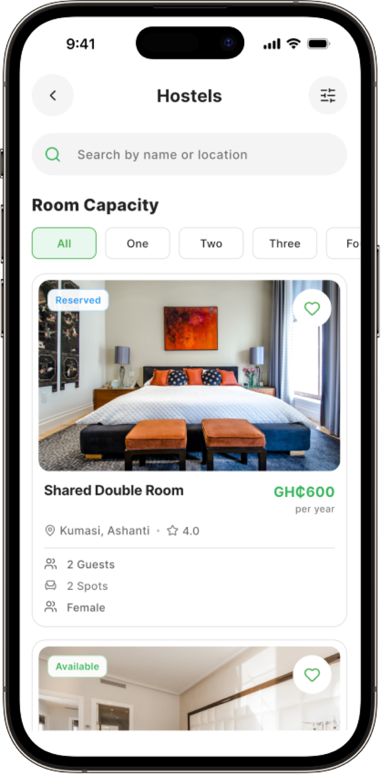 Hostels browse screen