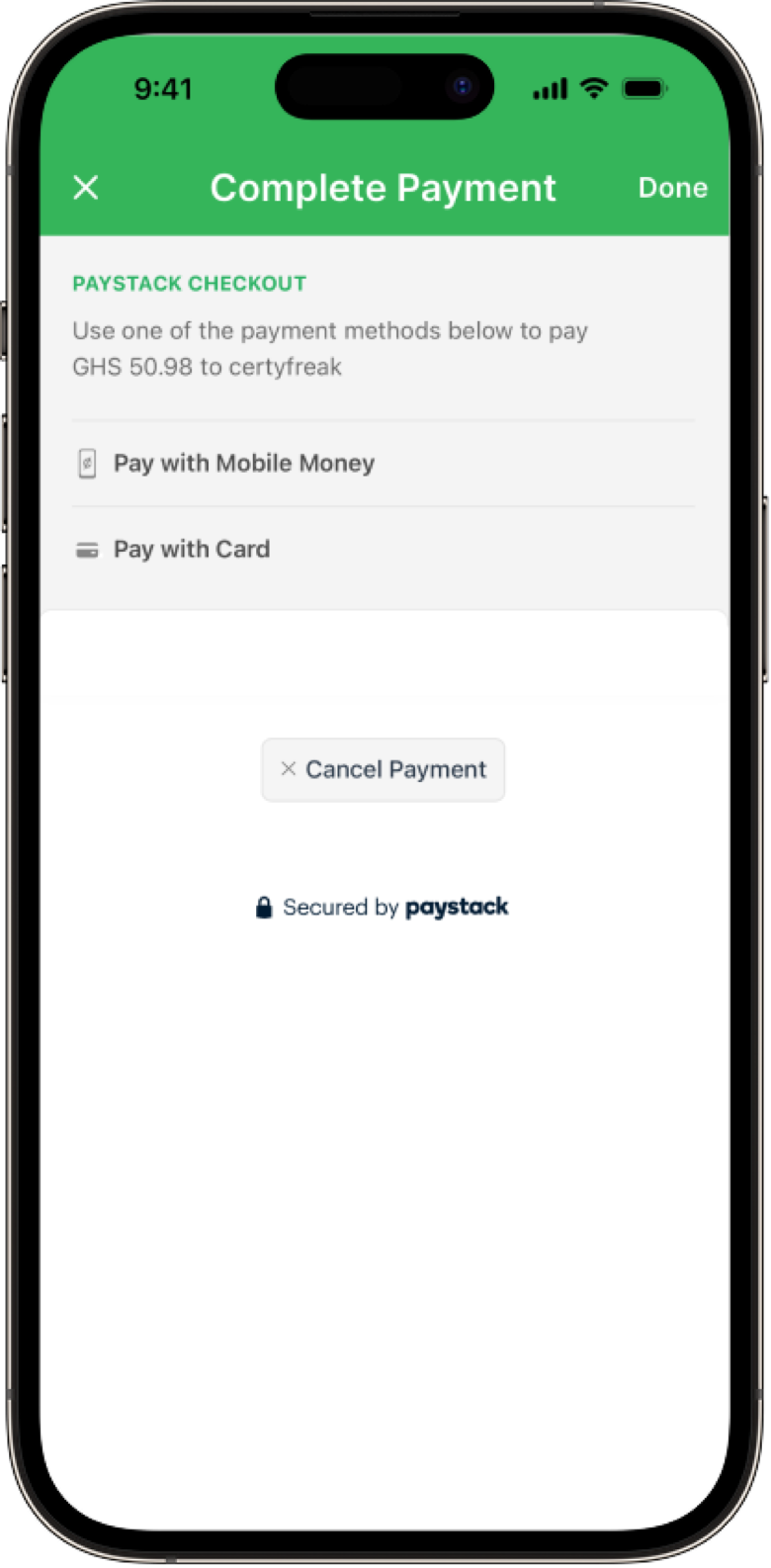 Paystack payment screen